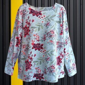 Croft & Barrow Womens Stretch Top Blouse Pullover Long Sleeves Gary Floral Large